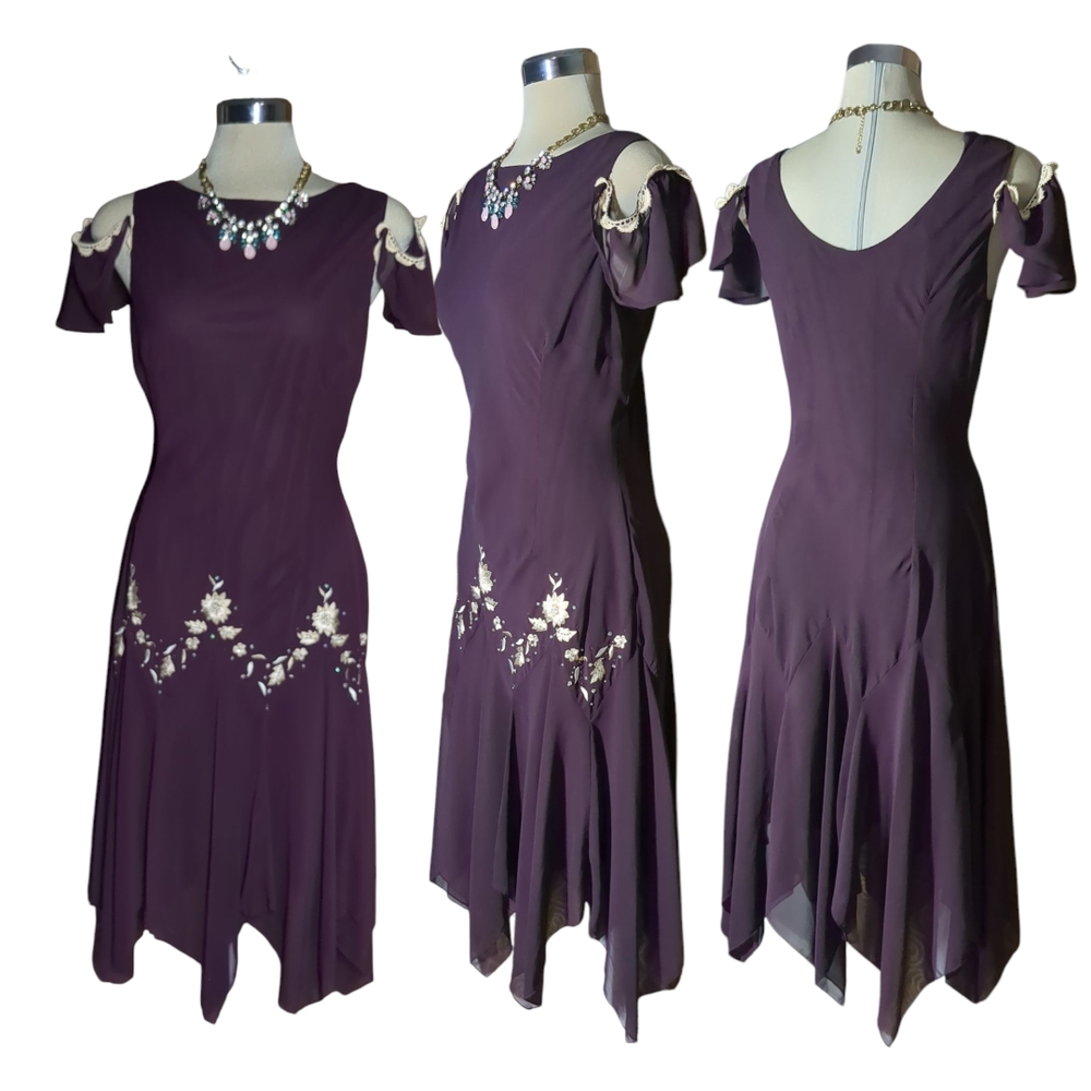 SL Fashions Dark Purple Asymmetrical Embroidery Embellished Sundress Size 16